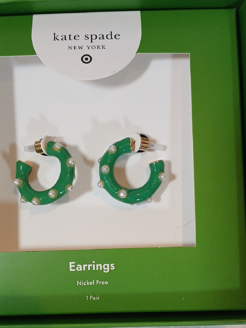 Kate Spade Green Enamel Hoop Earrings with Pearl Accents NWOT